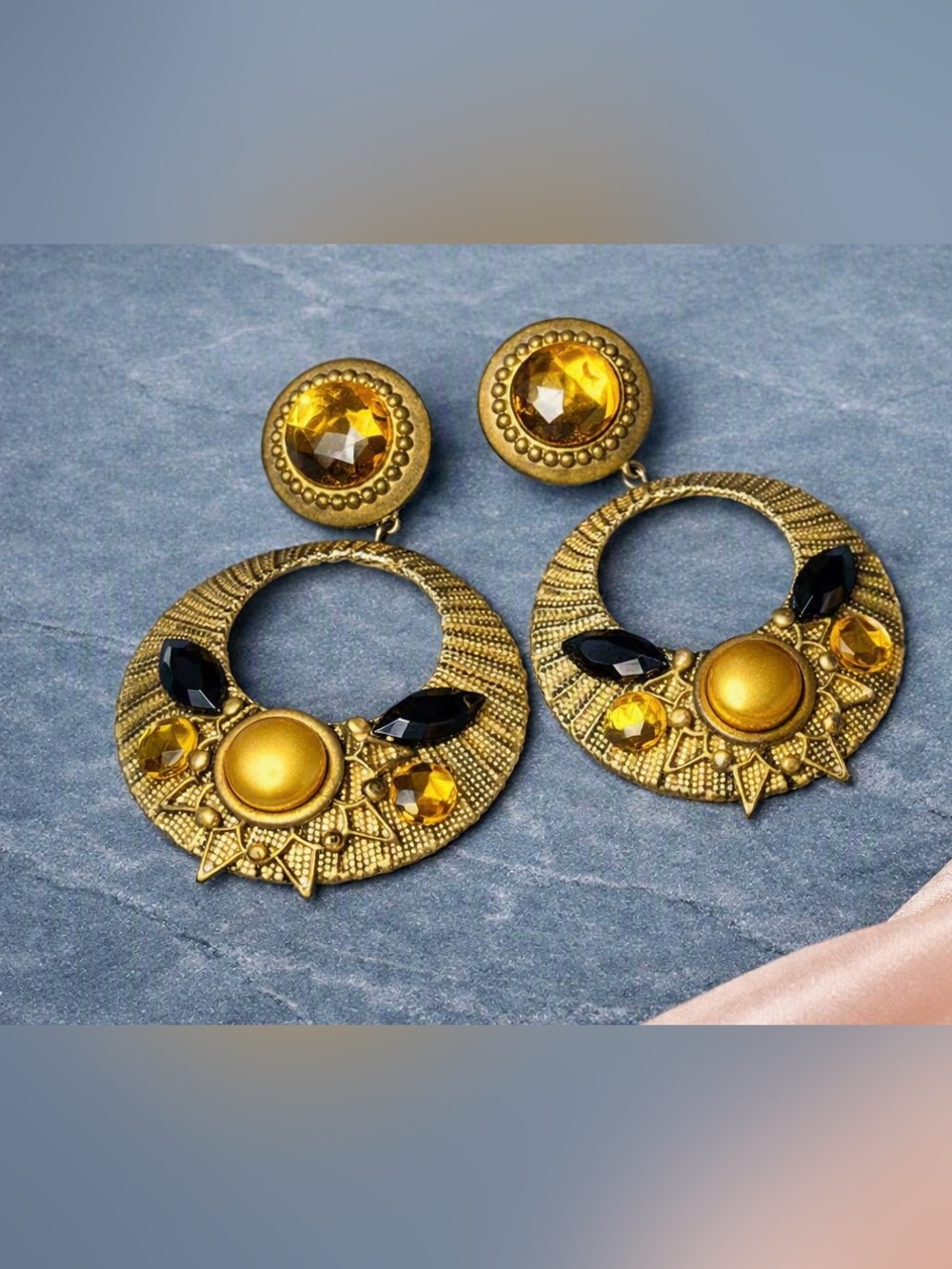 Vintage 80s/90s Gold Statement Earrings w/ Amber Rhinestones & Metallic Fabric